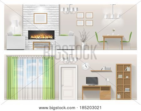 Interior of a bright living room with fireplace and furniture. Detailed vector illustration in a realistic style. Orthogonal projection.