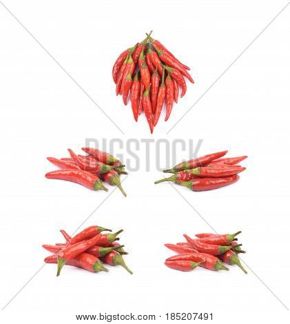 Pile of red italian peppers isolated over the white background, set of five different foreshortenings