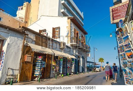LARNACA CYPRUS - AUGUST 27 2016: Larnaca old town pedestrian area and souvenir shops