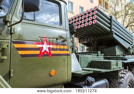 Samara Russia - May 6 2017: BM-21 Grad 122-mm Multiple Rocket Launcher on Ural-375D chassis at the city street in Samara Russia