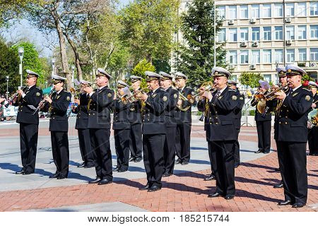 Varna Bulgaria 07 May 2017.Military Band opening International Running Marathon.