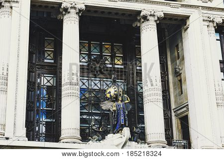 LONDON UK - August 10 2014: detail of the facade of the historical Selfridges department store in central London