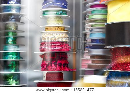 Various Choice Of Different Colorful Decorative Ribbons At Traditional Notions Store.
