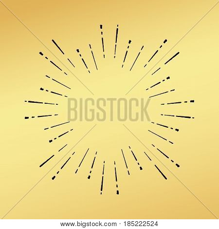 Vector sun burst vintage hand drawn hipster retro ray logo template. Golden shiny metal texture background. Radial thin ink brush black paint lines. Banner design explosion concept idea frame border.