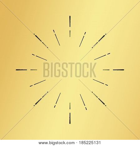 Vector sun burst vintage hand drawn hipster retro ray logo template. Golden shiny metal texture background. Radial thin ink brush black paint lines. Banner design explosion concept idea frame border.