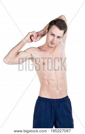 Healthy Lifestyle. Portrait Of A Handsome Guy With A Sporty Naked Body, Warming Up, Isolated On Whit