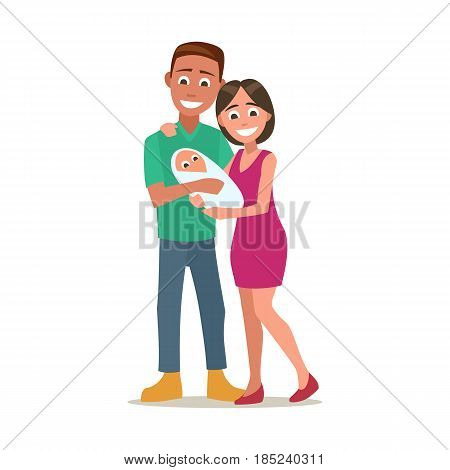 Happy young parent holding newborn baby. Color flat vector illustration isolated on white background.