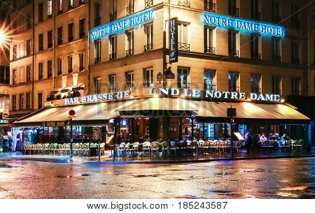 Paris, France-April 30 , 2017 : The traditional Parisian cafe Le notre Dame located near Notre Dame cathedral.