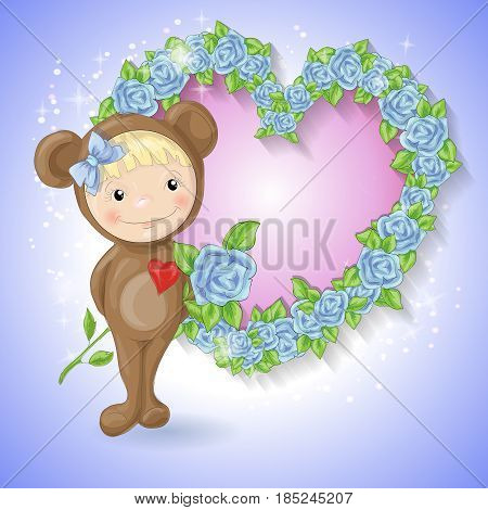 Girl in the suit of a teddy bear with a rose. Vector illustration