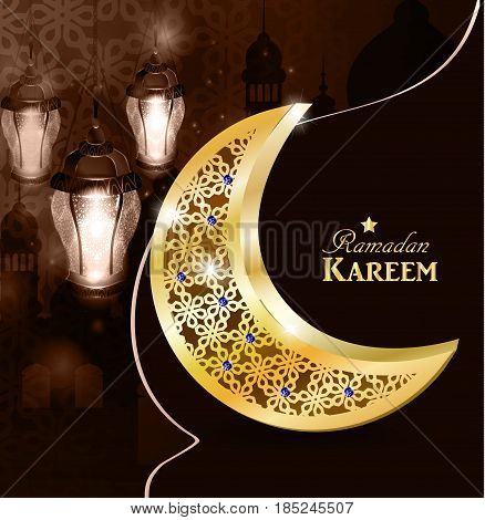 Ramadan greetings gold moon on a dark background with paper ornament and maroccan lanterns