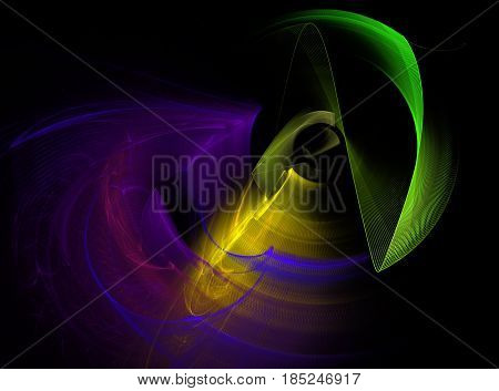 An abstract computer generated modern fractal design on dark background. Abstract fractal color texture. Digital art. Abstract Form & Colors. Abstract vortex psychedelic multicolored background