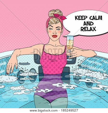 Pretty Woman Drinking Champagne and Relaxing in Jacuzzi. Pop Art vector illustration