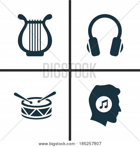Multimedia Icons Set. Collection Of Earphone, Barrel, Lyre And Other Elements. Also Includes Symbols Such As Meloman, Music, Earphone.