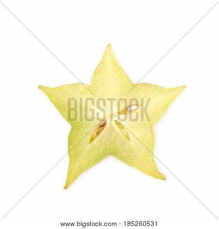 Single cross-section slice of carambola starfruit fruit isolated over the white background