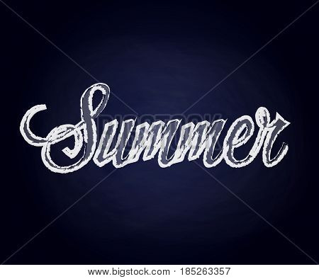 The word summer written in white chalk on a blue school board. Vector illustration.