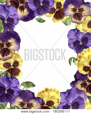 Watercolor floral invitation with pansy flowers. Hand painted illustration with flowers, leaves and branches isolated on white background. Card for design, print and background.