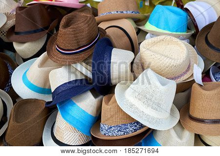 Starw hats for sale on the Sunday market in Spain, Mercadillo de Campo de Guardamar
