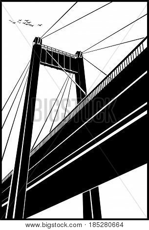 Stylized vector illustration of a large cable-stayed bridge