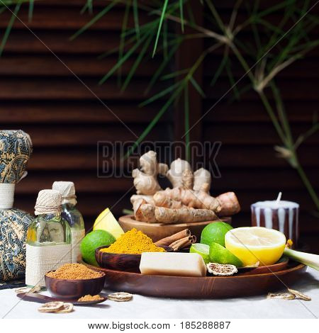Spa, Heath Care Set On A Plate. Copy Space