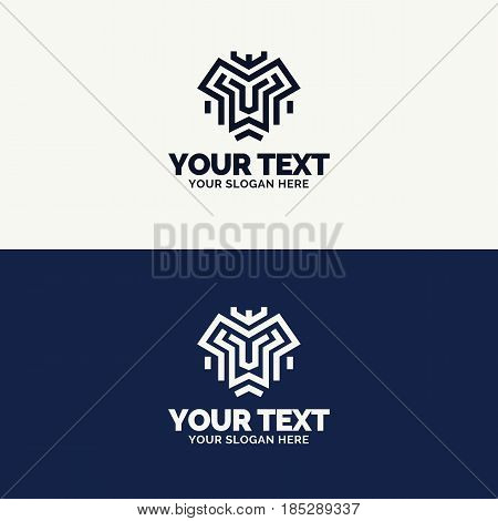 Lion emblem set consisting lion head cyan color bold line flat style isolated on background for business company, shield firm, t-shirt design, label, badge, sticker. Vector Illustration