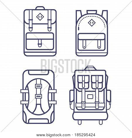 Different types of backpacks in thin line design. Hiking, school, casual, classic back packs and rucksacks. Line vector backpacks icon set.