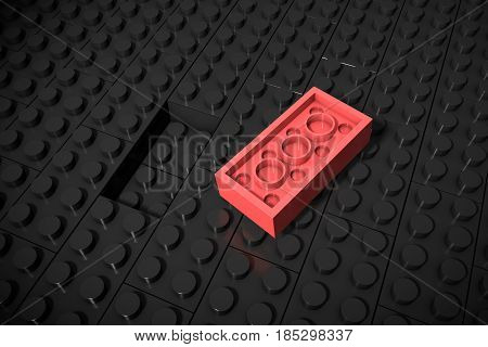 3d illustration: red different toys piece lies separately on a black background is not inserted in the groove. Business concept: unique, not like everyone else. cube children's plastic of erector set.