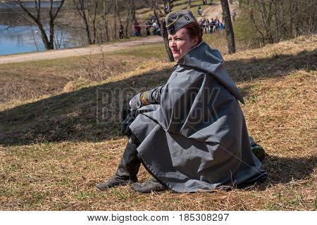 Gatchina, Russia - May 7, 2017: Historical reconstruction of the battles of World War II. Participant reconstruction in the form of a German serviceman of communication units.