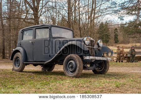 Gatchina, Russia - May 7, 2017: Historical reconstruction of the battles of World War II. Passenger car Mercedes Benz in the service of the German army.