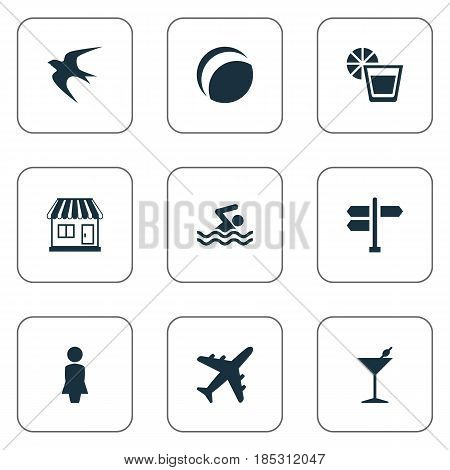 Vector Illustration Set Of Simple Seaside Icons. Elements Store, Beach Games, Airplane And Other Synonyms Airplane, Man And Trip.