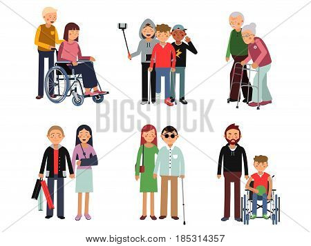 Disabled person with his helpful friends or volunteers. Vector flat style illustration of humans. Help and care for disabled people. Help for invalid character in wheelchair
