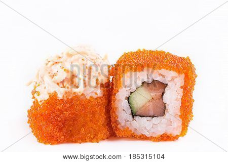 Japanese Cuisine, Sushi Set: Sushi And Sushi Rolls In Caviar With Salmon And Cucumber On A White Bac