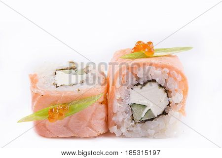 Japanese Cuisine, Sushi Set: Salmon Roll With Cheese And Cucumber On A White Background