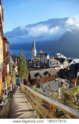 Beautiful view of Halstatt village from the hill, Austria