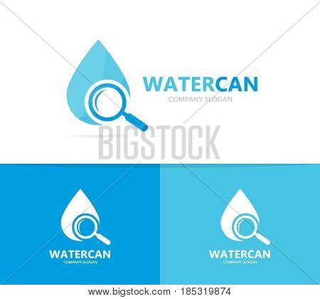 Vector of oil and loupe logo combination. Drop and magnifying glass symbol or icon. Unique water, aqua and search logotype design template.