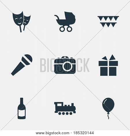 Vector Illustration Set Of Simple Birthday Icons. Elements Beverage, Train, Aerostat And Other Synonyms Party, Train And Camera.