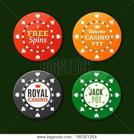 Casino Chips Sign Set Gambling Game, Symbol of Risk and Luck on Green. Vector illustration