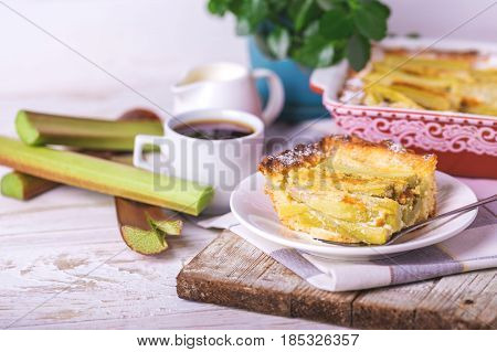 Traditional Rhubarb Pie With Espresso Coffee For Breakfast.