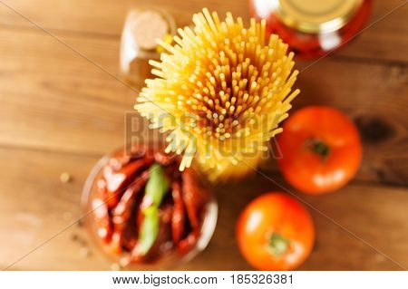 Italian Spaghetti With Ingredients For Cooking Pasta. Top View
