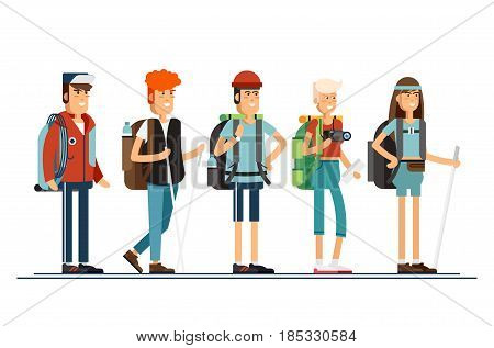 Set of female and male character, hiking tourists walk. A young people engaged in active sports. Vector illustration of a flat design