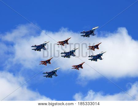 MOSCOW - MAI 4: Group of russian tactical  bombers fly over Red Square in training for the Victory Parade -  on Mai 4, 2017 in Moscow