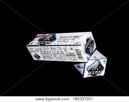 GOMEL, BELARUS - MARCH 5, 2017:Japanese toothpaste Kobayashi with charcoal.Kobayashi Pharmaceutical Co., Ltd. manufactures and sells OTC pharmaceuticals, oral hygiene products.