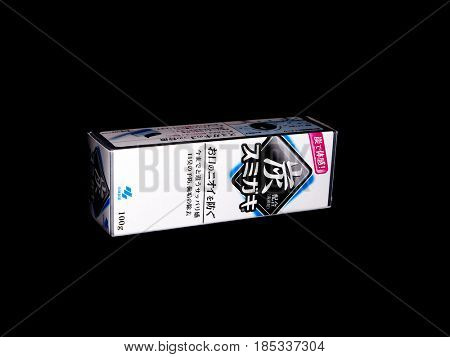 GOMEL, BELARUS - MARCH 5, 2017:Japanese toothpaste Kobayashi with charcoal.Kobayashi Pharmaceutical Co., Ltd. manufactures and sells OTC pharmaceuticals, oral hygiene products.