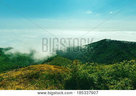 Picturesque view of the peaks of the Markotkh mountain range on a sunny day. Gelendzhik North Caucasus Russia