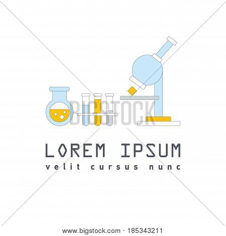 Vector symbol of laboratory, chemical, medical test logo, icon. Colorful modern flat design with bulbs, bottles and microscope. hemical equipment and research.