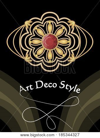 Gold art deco brooch with red gem ruby, antique accessory in victorian style, antiquarian jewel, vector EPS 10