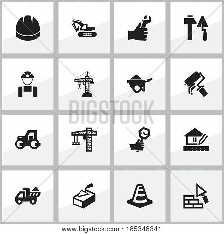 Set Of 16 Editable Building Icons. Includes Symbols Such As Scrub, Construction Tools, Hardhat And More. Can Be Used For Web, Mobile, UI And Infographic Design.