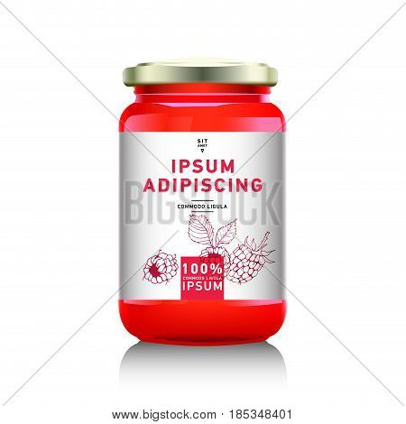 Realistic glass bottle packaging for fruit jam design. Raspberry jam with design label, typography, line drawing raspberries illustration. .