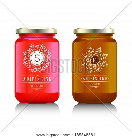 Glass jar with with jam, confiture or honey. Vector illustration. Packaging collection. Label for jam. Bank realistic. Mock up mason jar with design label or badges