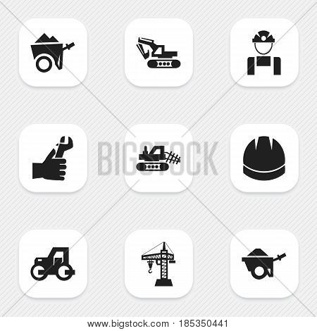 Set Of 9 Editable Construction Icons. Includes Symbols Such As Hardhat, Caterpillar, Elevator And More. Can Be Used For Web, Mobile, UI And Infographic Design.