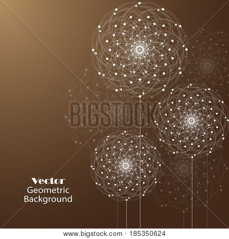 Abstract geometric background with connected lines and dots in a shape of flowers. Vector illustration.